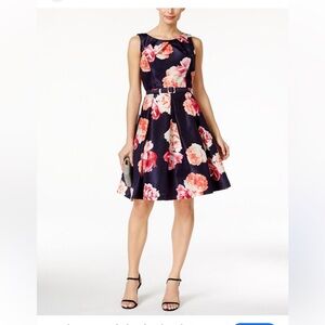 Floral Fit and Flare Navy Dress